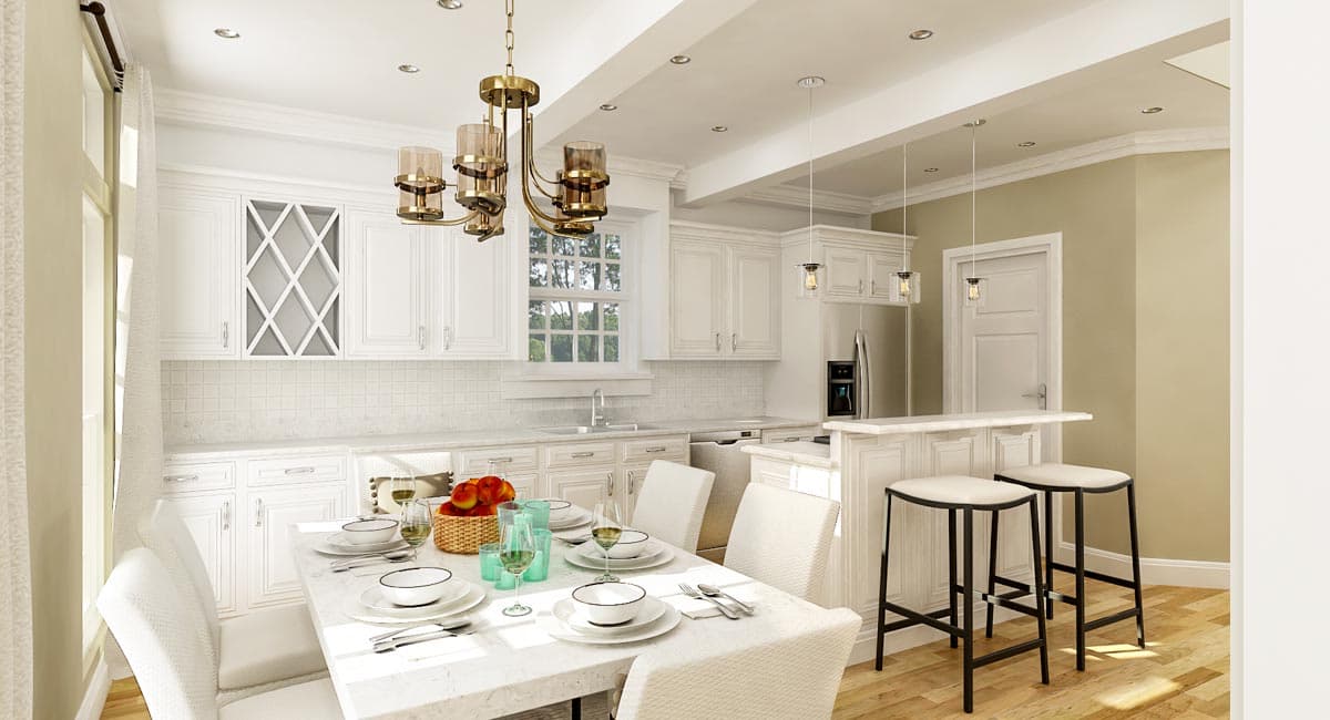 Kitchen and dining area with white cabinets, marble countertops, breakfast bar with stools, and a chandelier.