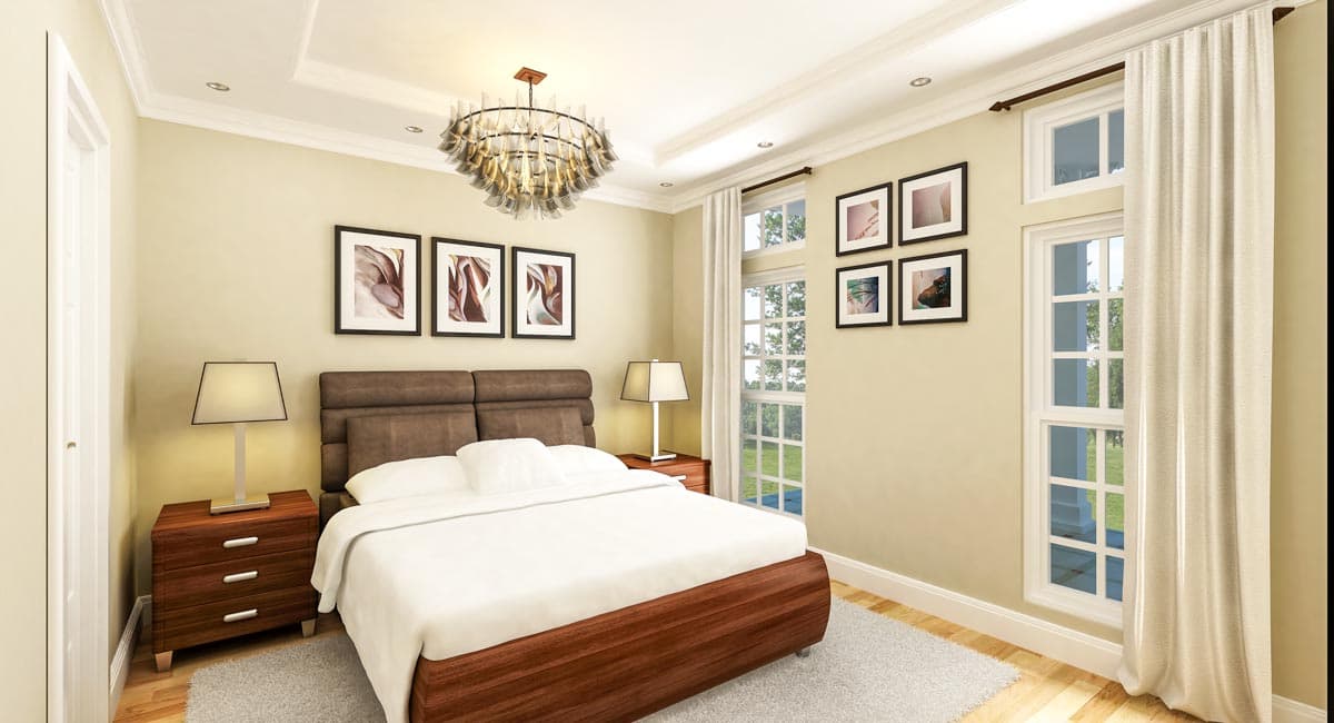 Bedroom interior rendering with a king-size bed, bedside tables, decorative chandelier, and multiple windows.