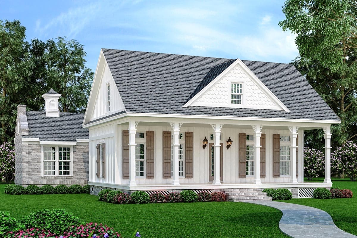 House plan exterior. White farmhouse style with a front porch, gabled roof, and dormer windows. Stone veneer accentuates the side.
