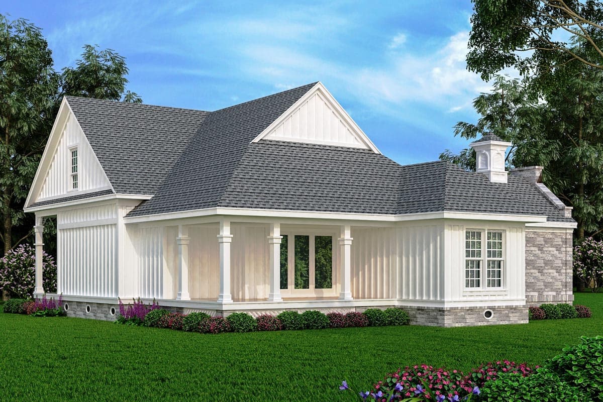 Modern Farmhouse house plan exterior with gabled dormers, a wrap-around porch, and board-and-batten siding.