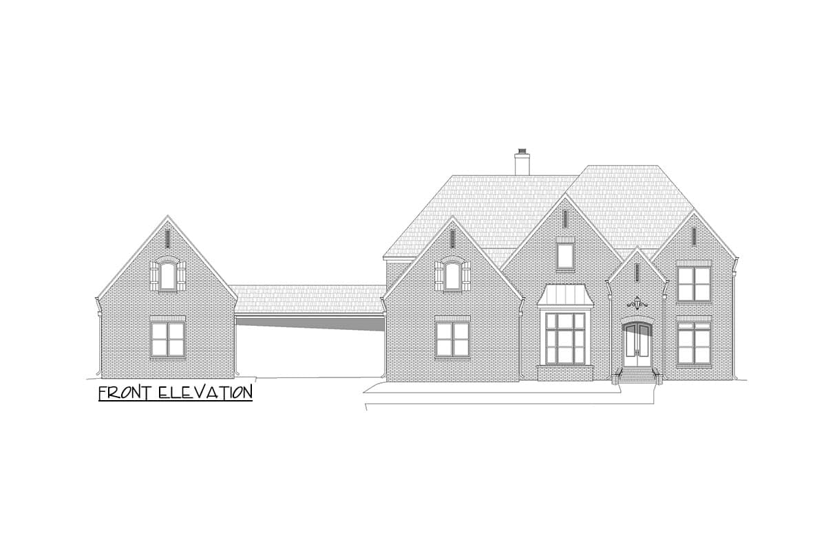 Front elevation drawing of a brick house with a two-car porte-cochere, multiple gables, and a bay window.