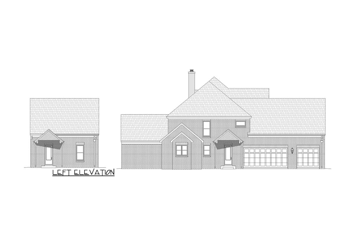 Left elevation drawing of a brick house with multiple gables, a covered entry, and a three-car garage.