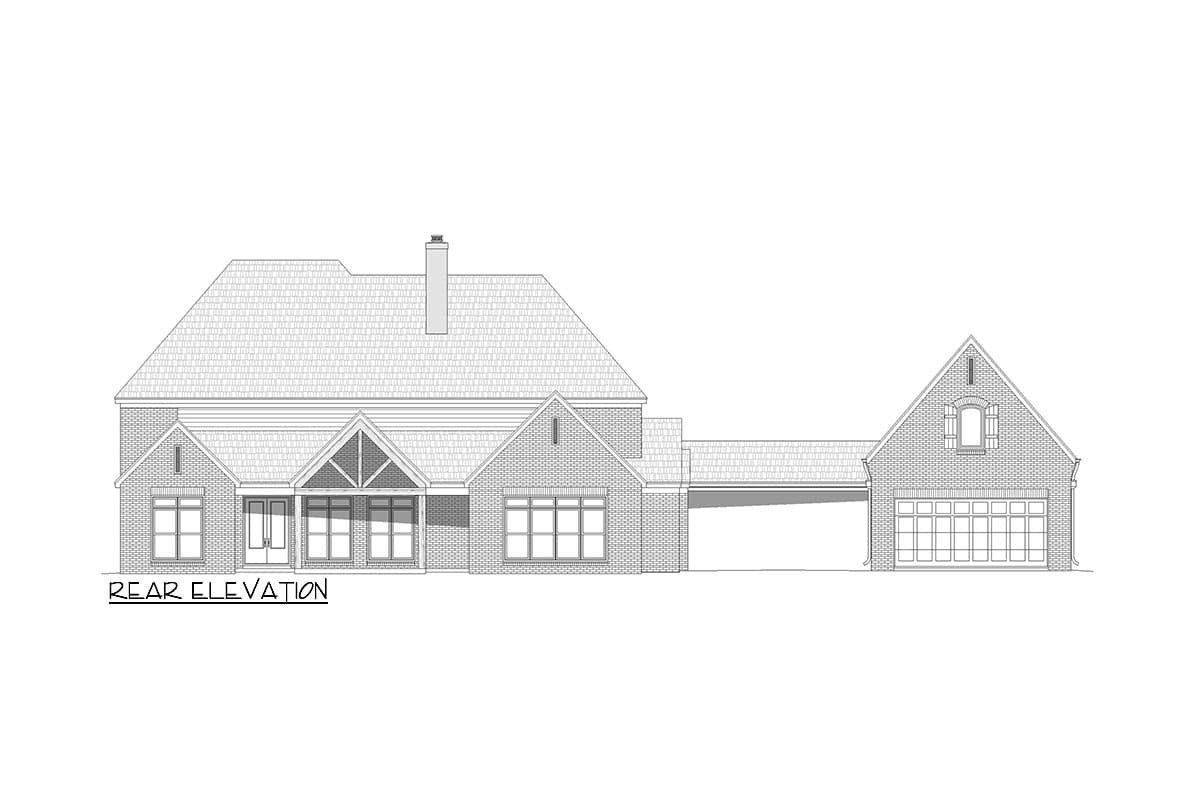 Rear elevation house plan with brick exterior, large rooflines, gabled entrance, and attached garage.
