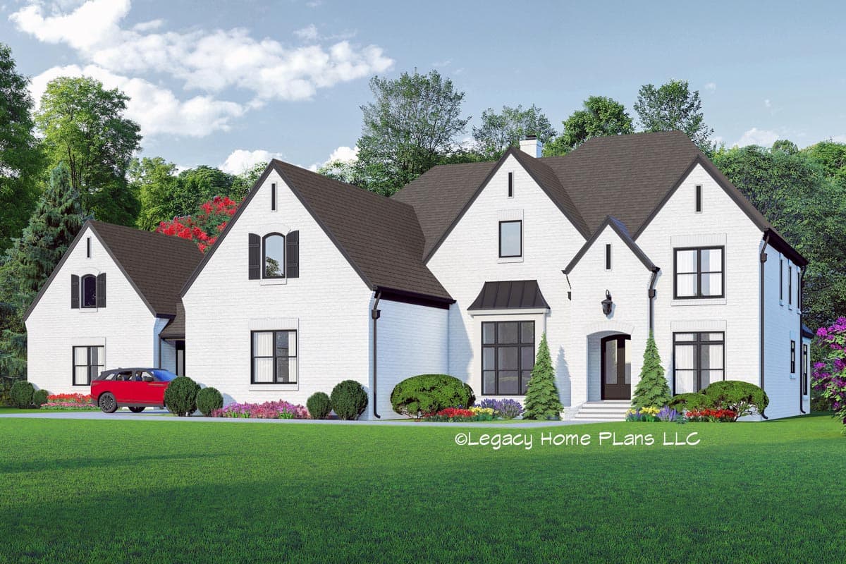 House plan exterior: Modern Farmhouse style, white brick, steeply pitched gables, dark-trimmed windows, and arched entry.