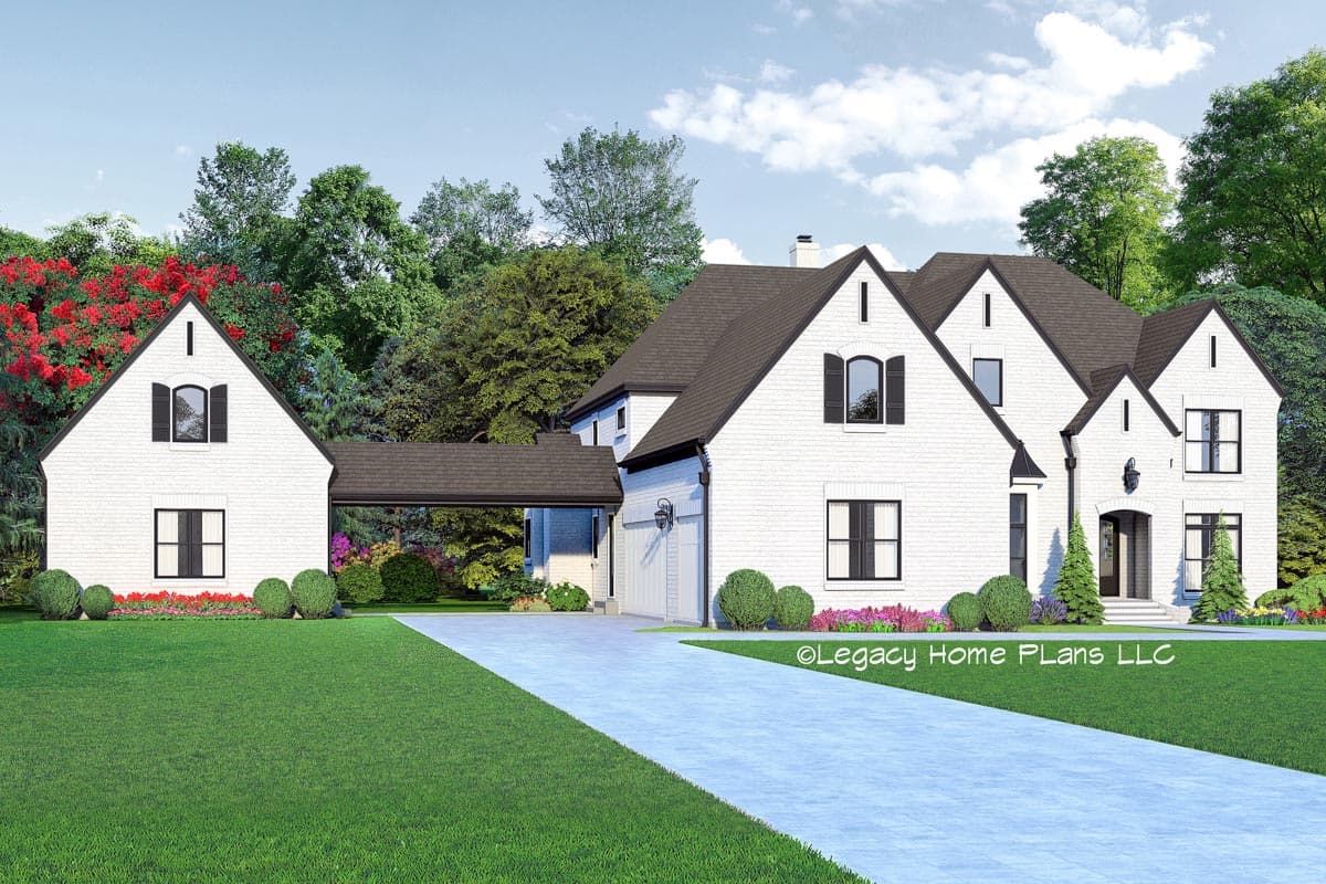 House plan exterior featuring a two-story home with gables, a carport, and black window shutters. White brick exterior, dark roof.