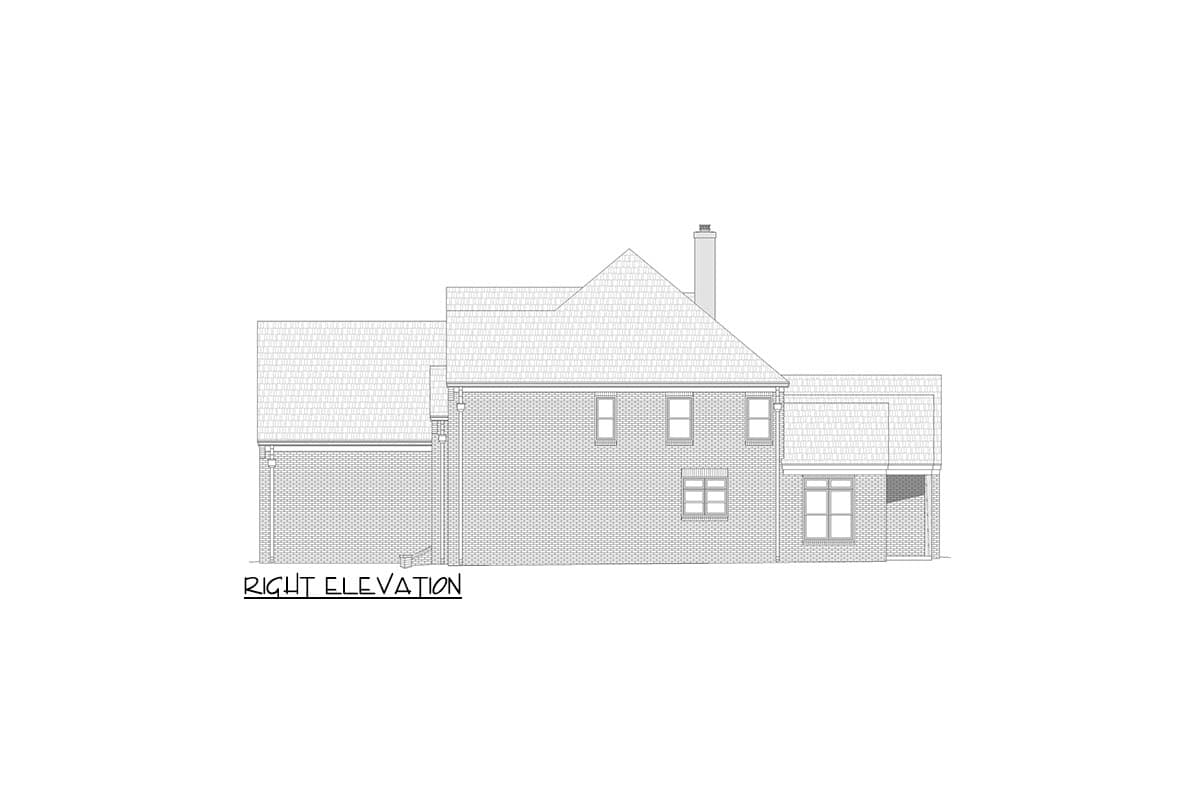 Right elevation drawing of a two-story brick house plan with multiple gables, a prominent chimney, and varied window styles.