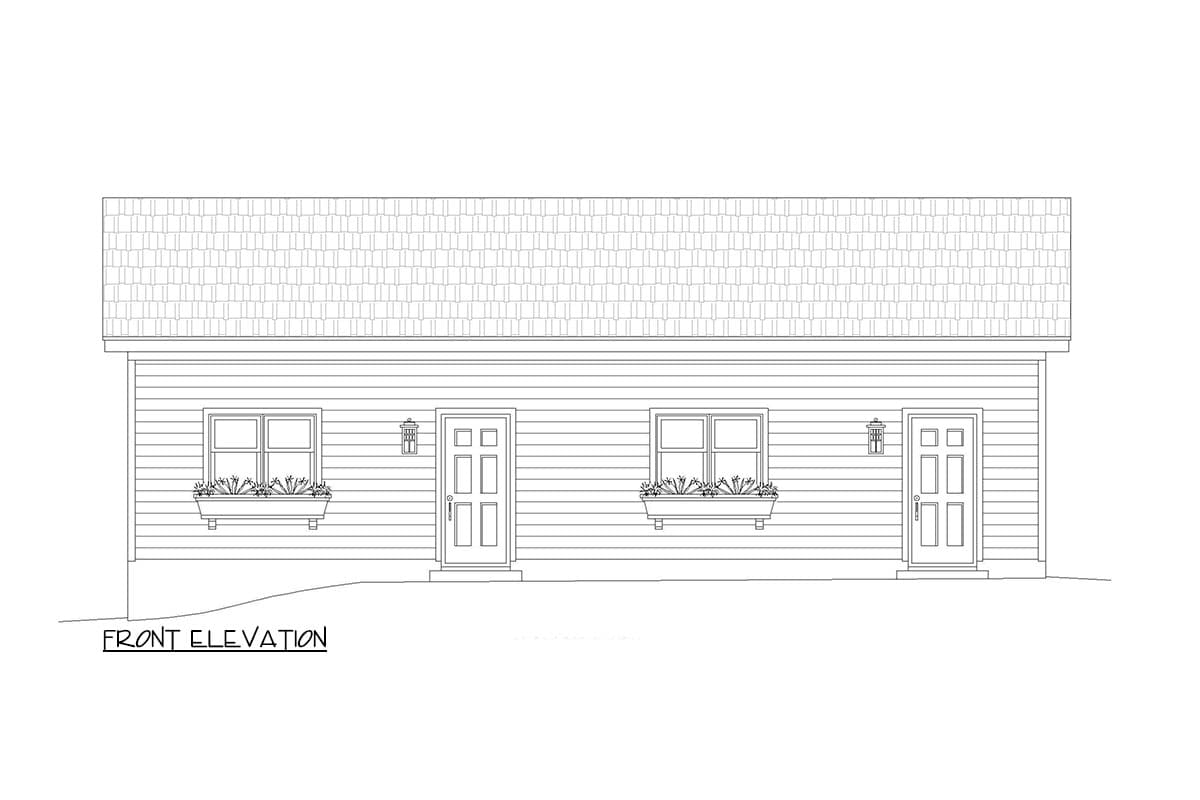 Front elevation drawing of a one-story house with two doors, two windows with flower boxes, and a gambrel roof.