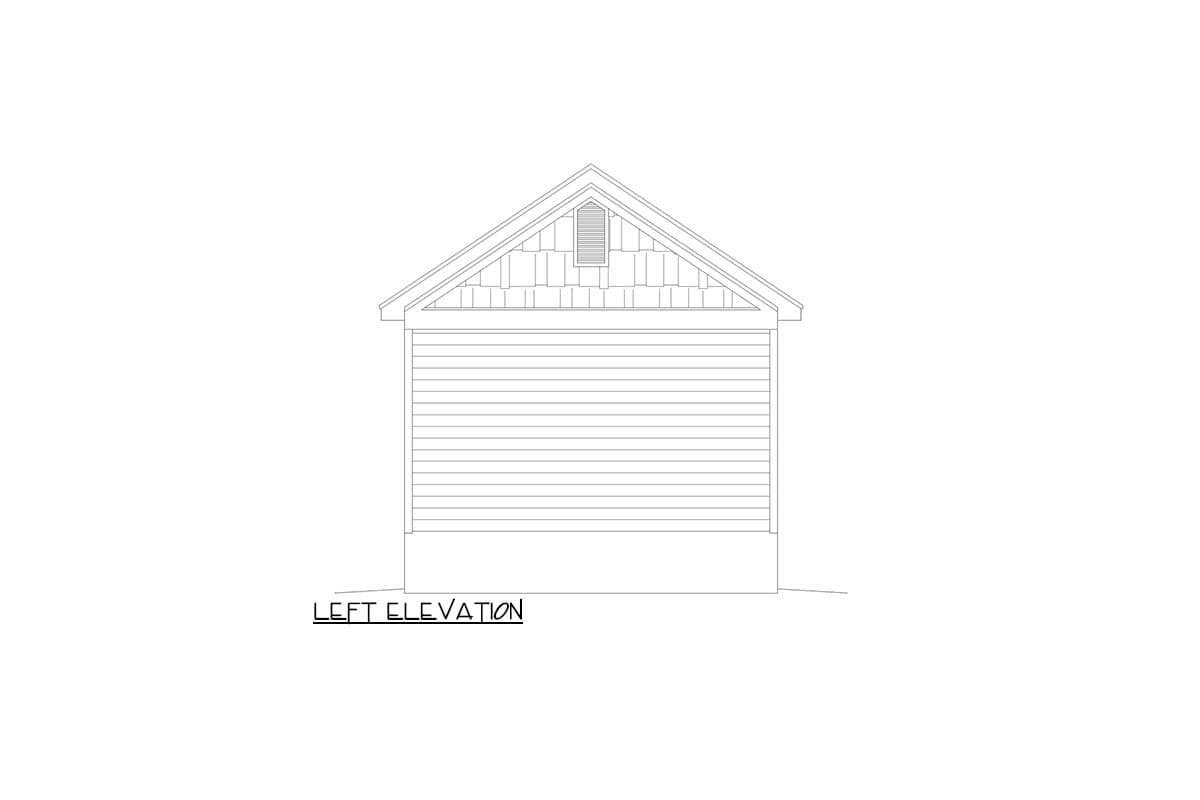 Left elevation drawing of a house with horizontal siding and a gabled roof featuring shingles and a vent.