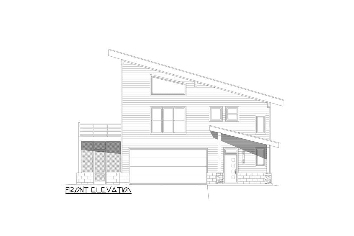 Front elevation of a two-story house plan featuring a steep-pitched roof, garage, covered porch, and elevated deck.
