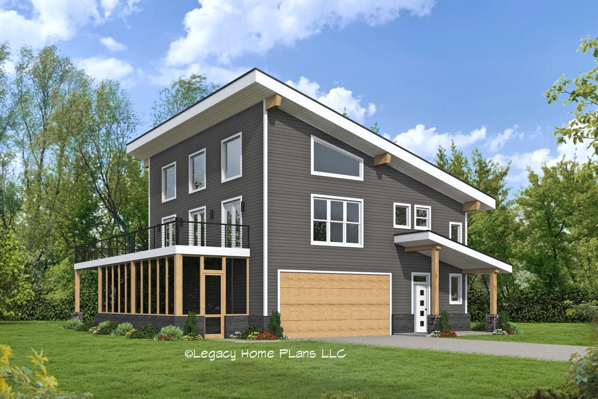 Modern house plan exterior, two-story with shed roof. Features include porch, angled clerestory windows, and attached garage.