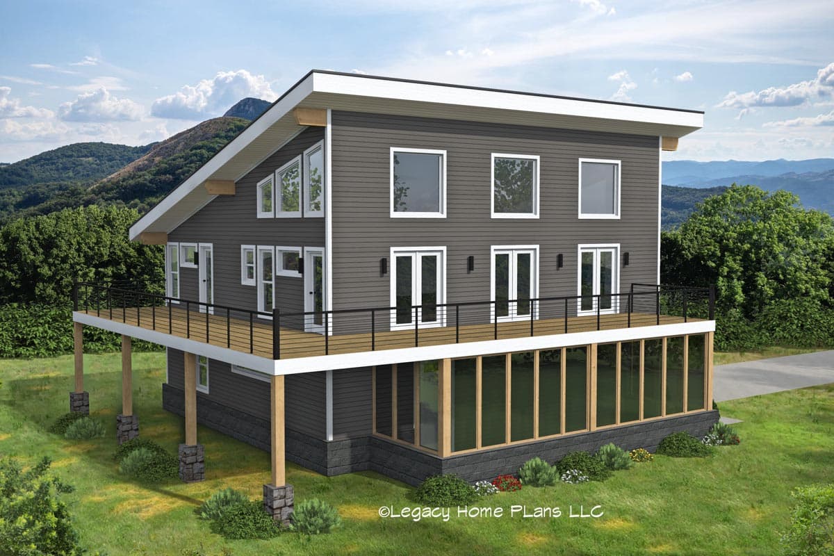 Modern house plan exterior, two stories, with a large wrap-around deck, angular roofline, and numerous windows.