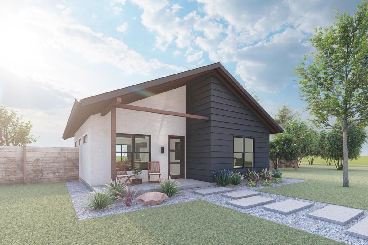 Modern house plan exterior: one story, stucco and dark siding, exposed rafter tail roofline, covered entry porch, and horizontal wood fence.