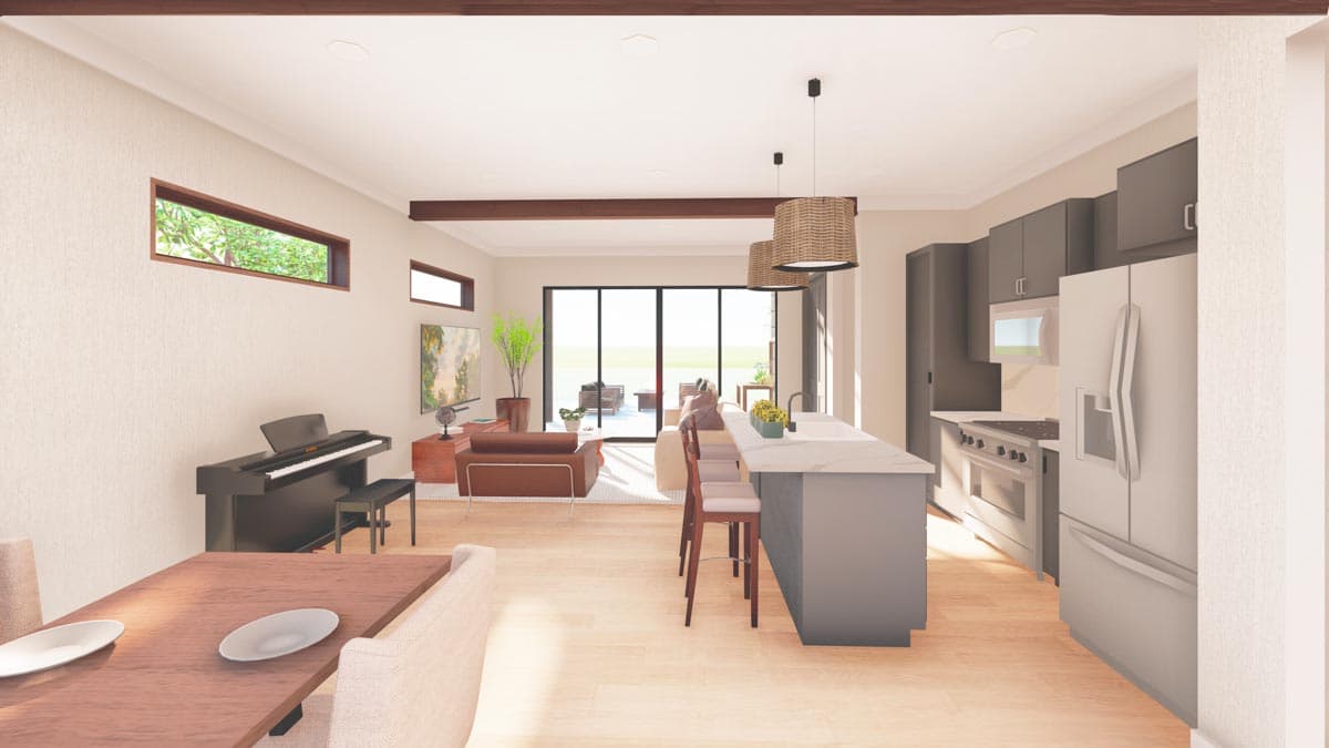 Interior rendering showing open concept kitchen and living area with island, dining table, piano, and large windows.