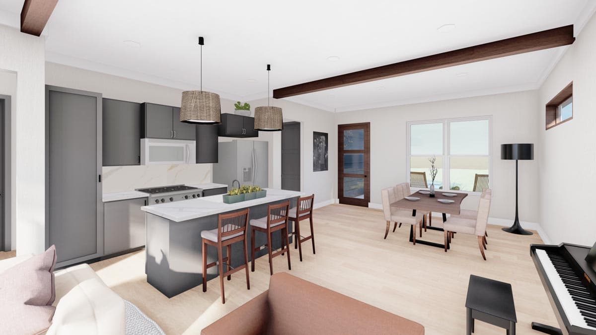 Interior rendering of open-concept kitchen and dining area with island, pendant lights, exposed beams, and a piano.