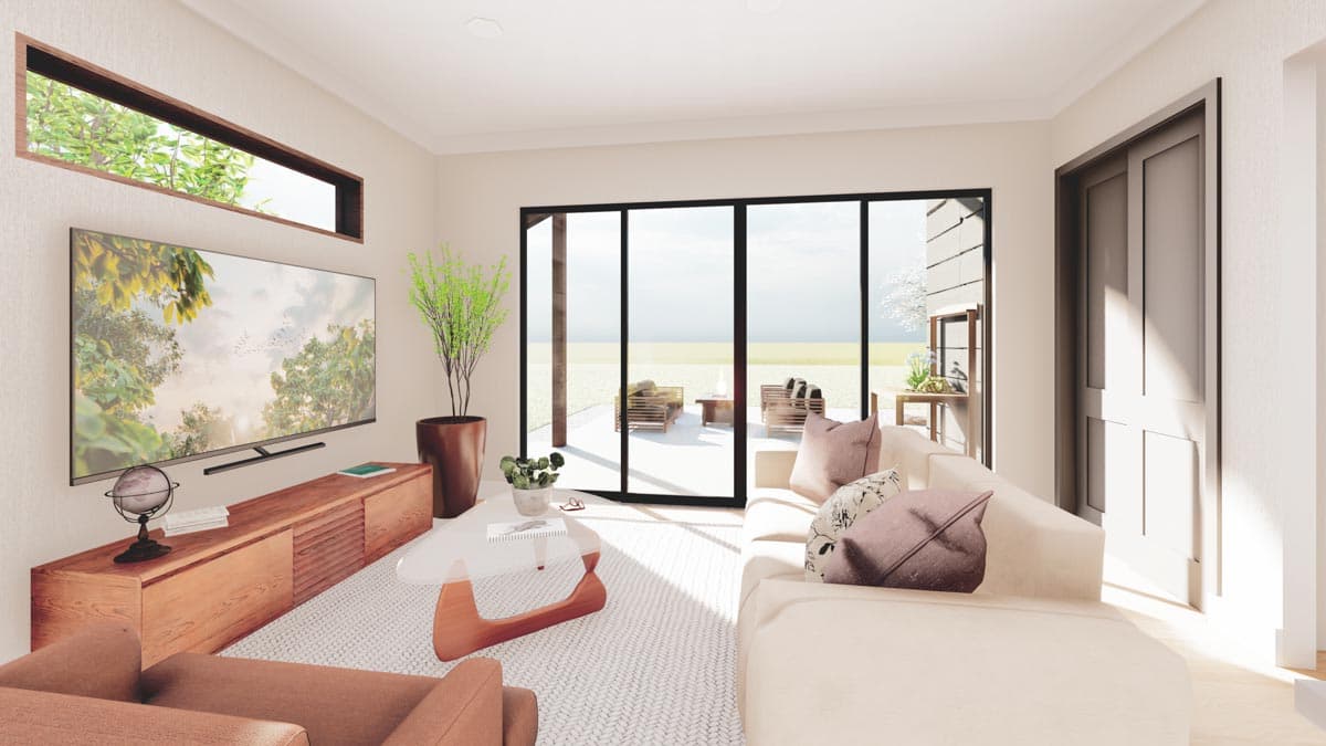 Interior rendering of a great room with a sectional sofa, media console, large sliding glass doors, and a linear window.