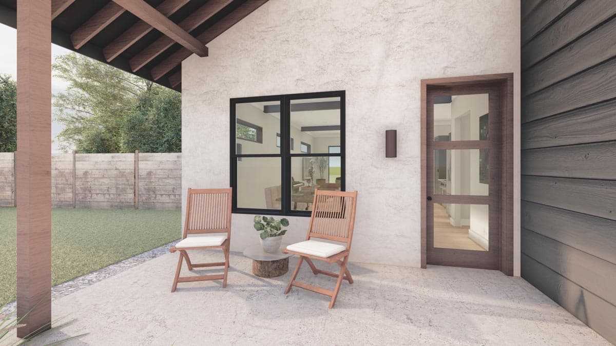 House plan exterior featuring a covered patio with wooden chairs, a large window, and a modern glass-paneled door.