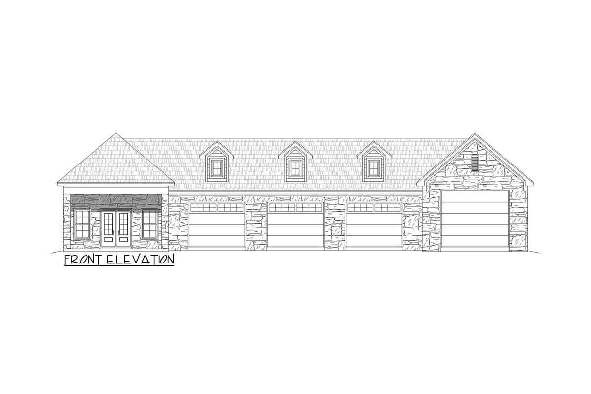 Front elevation house plan with stone facade, covered entry, five garage doors, and three dormers.
