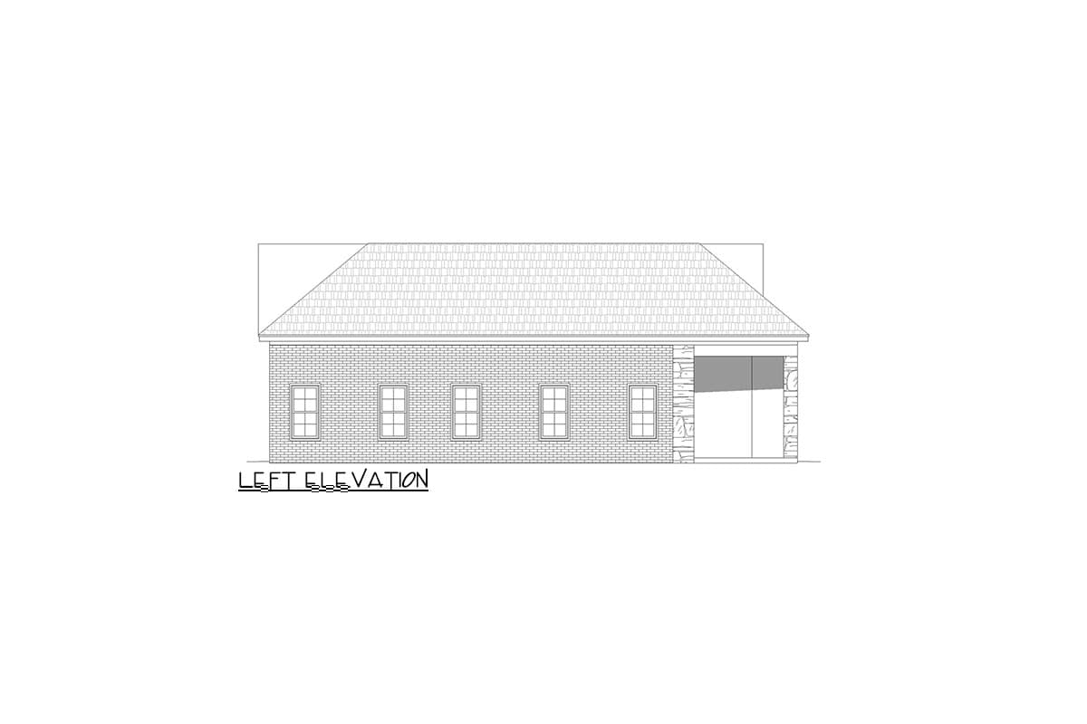 Left elevation drawing of a one-story house with brick exterior, four windows, and a two-car garage with stone accents.