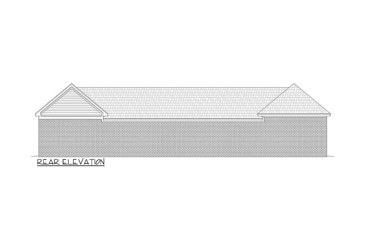 Rear elevation drawing of a brick house with gabled rooflines and visible siding in the gable.
