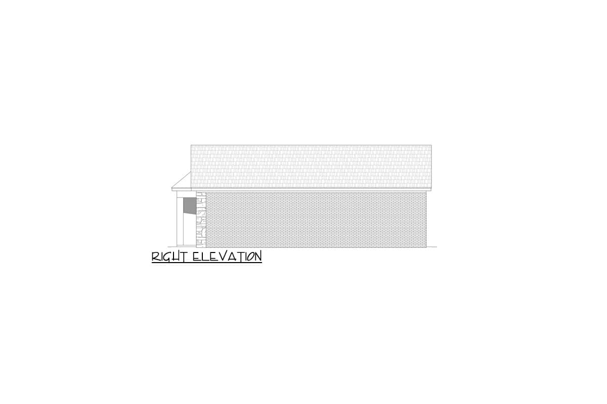 Right elevation house plan with brick exterior, stone accent, and sloped roof.