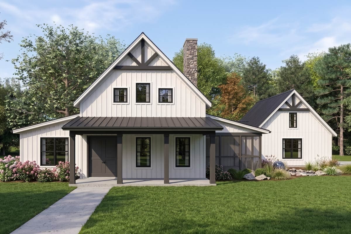 House plan exterior rendering. Features include a farmhouse style, two stories, gabled rooflines, a front porch, and a chimney.