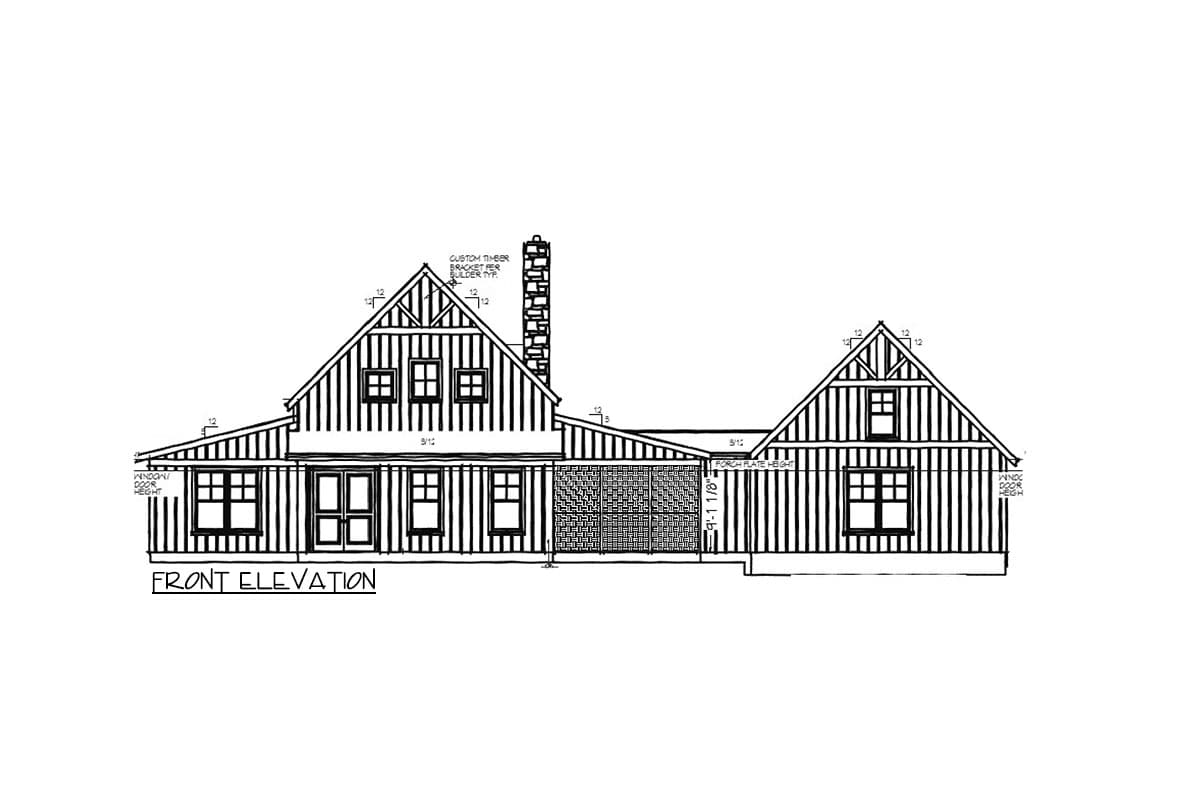 Front elevation house plan with gables, dormers, multiple windows, doors, and a prominent chimney.