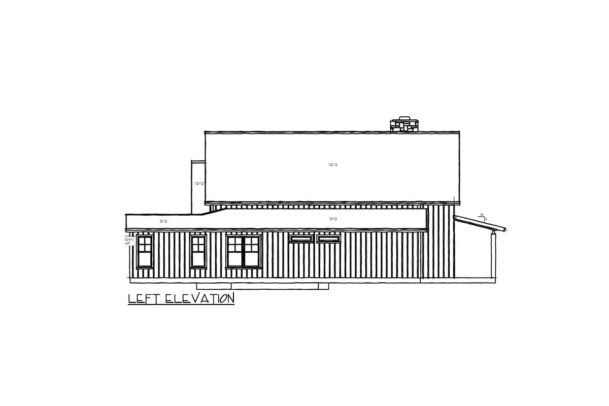 Left elevation drawing of a house plan with a gable roof, vertical siding, windows, and a stone chimney.