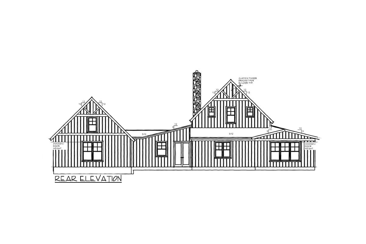 Rear elevation house plan: two stories, gabled dormers, stone chimney, and a covered porch.