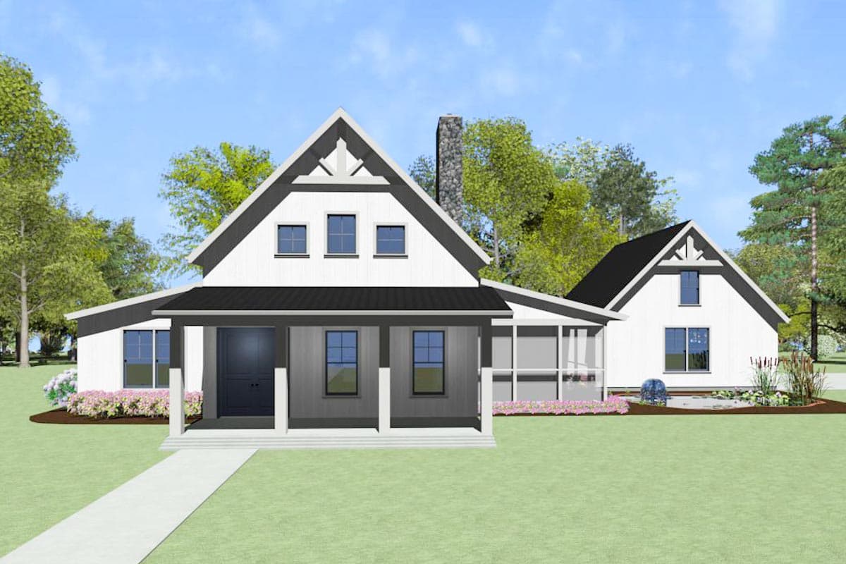 House plan exterior rendering. Features include a farmhouse style, two stories, gabled rooflines, a front porch, and a chimney.
