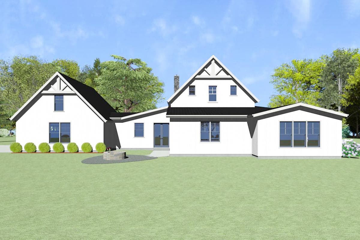 House plan exterior: Modern Farmhouse style, two stories, prominent gables with decorative rafter tails, and a central chimney.