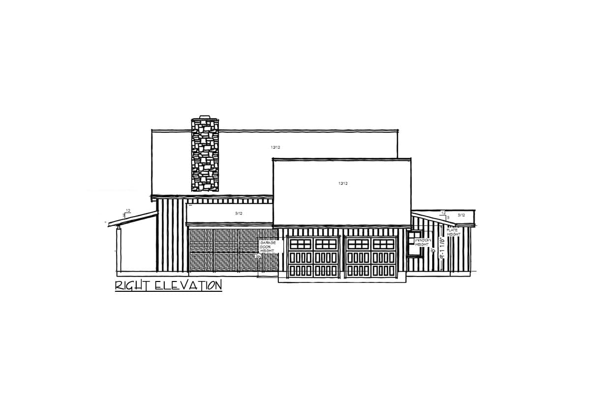 House plan right elevation drawing with stone chimney, pitched rooflines, and two garage doors.