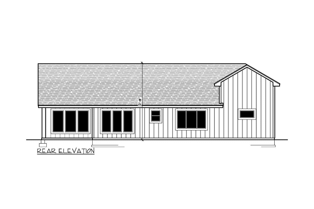 Rear elevation drawing of a house plan featuring vertical siding, a gabled roof, and multiple rectangular windows.