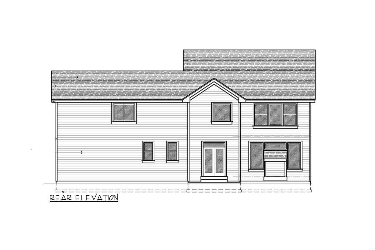 Rear elevation drawing of a two-story house plan with horizontal siding, multiple windows, and a gable over double doors.