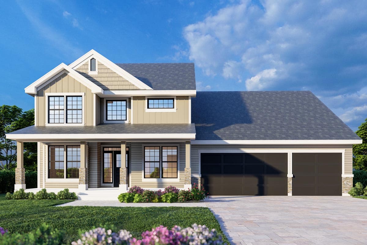 House plan exterior. Two-story Modern Farmhouse with a gabled roof, covered porch, and attached two-car garage.