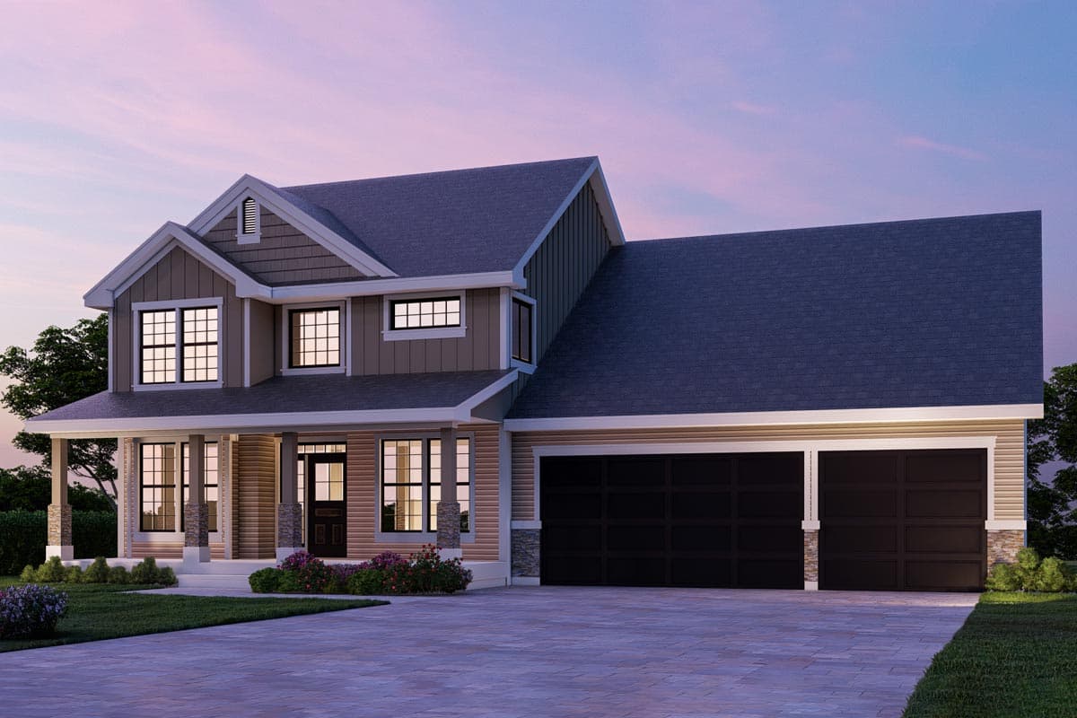 House plan exterior: Two-story modern home with a wrap-around porch, gable, dormer, and a three-car garage.