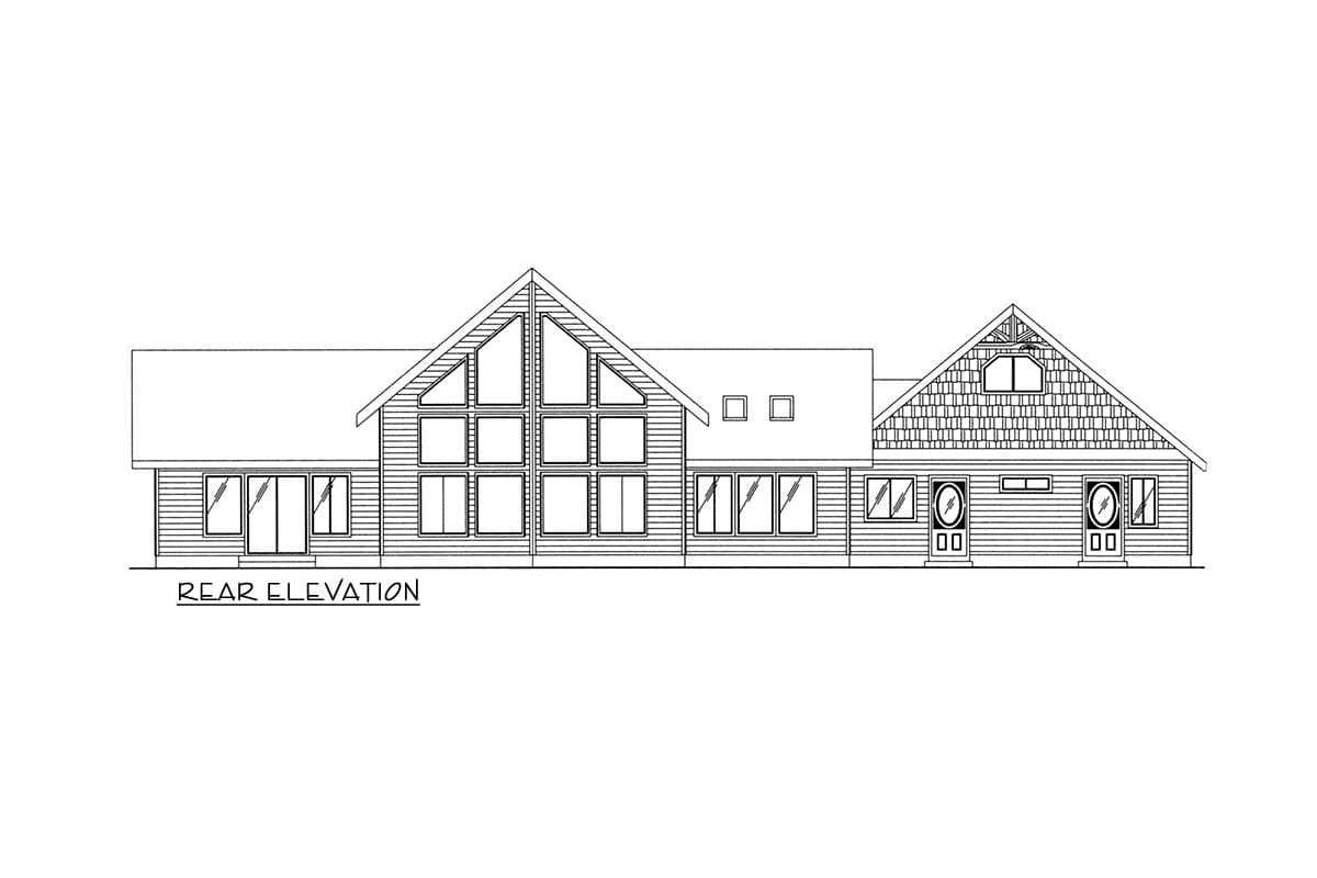 Rear elevation drawing of a house plan with a large central gable featuring multiple windows, side gables, and two entry doors.