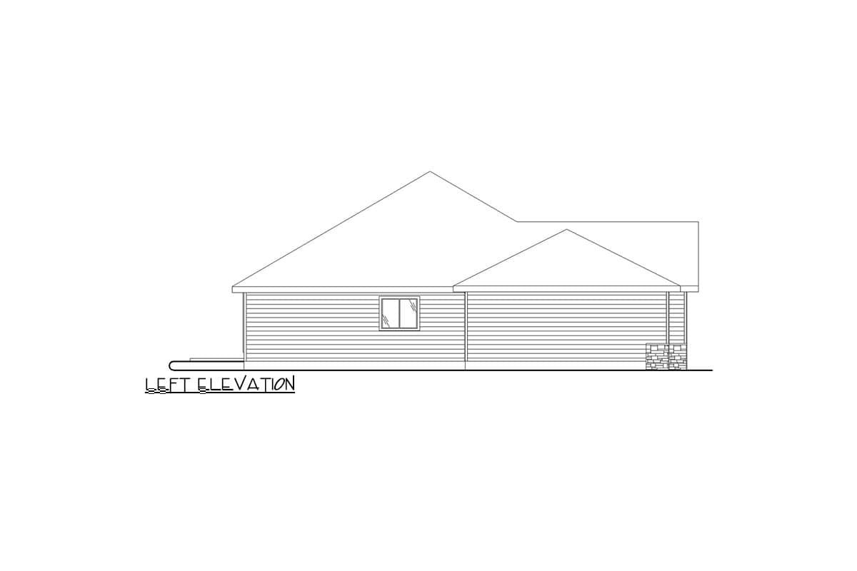 Left elevation drawing of a single-story house with a pitched roof, siding, and stone foundation.