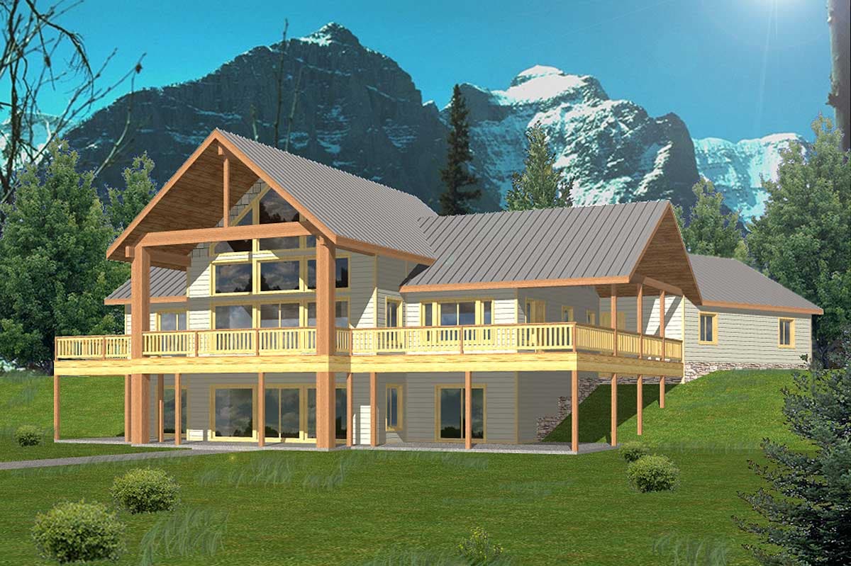House plan exterior of a two-story modern home with gabled roof, wraparound deck, and large windows.