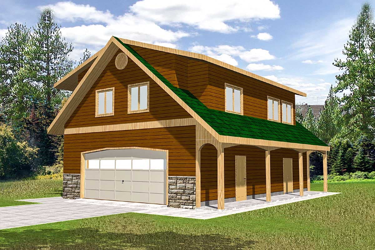 House plan exterior: Two-story structure with attached garage, prominent gables, a covered porch, and stone foundation accents.