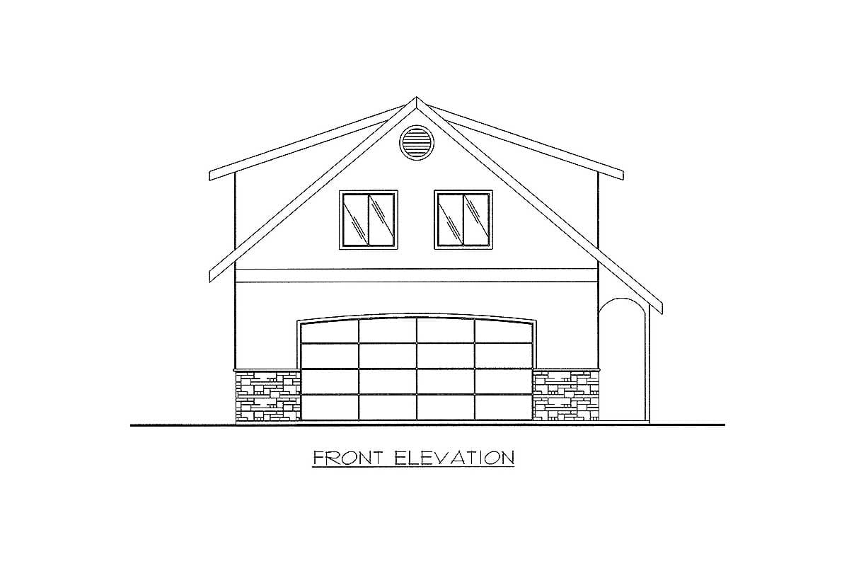 Front elevation drawing of a house plan featuring a two-car garage, stone base, and two upper-level windows.