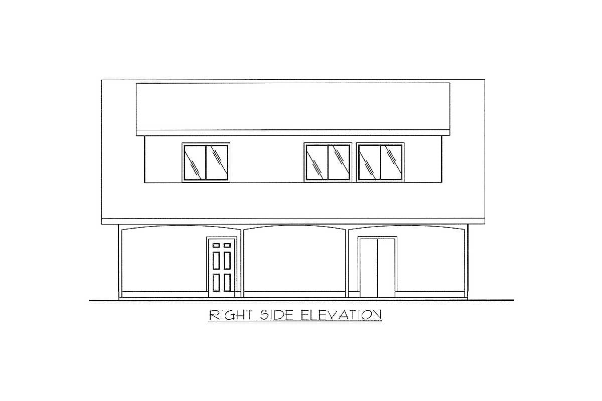 Right side elevation drawing of a house plan featuring a porch with arched openings, a double door, and three windows on the upper level.