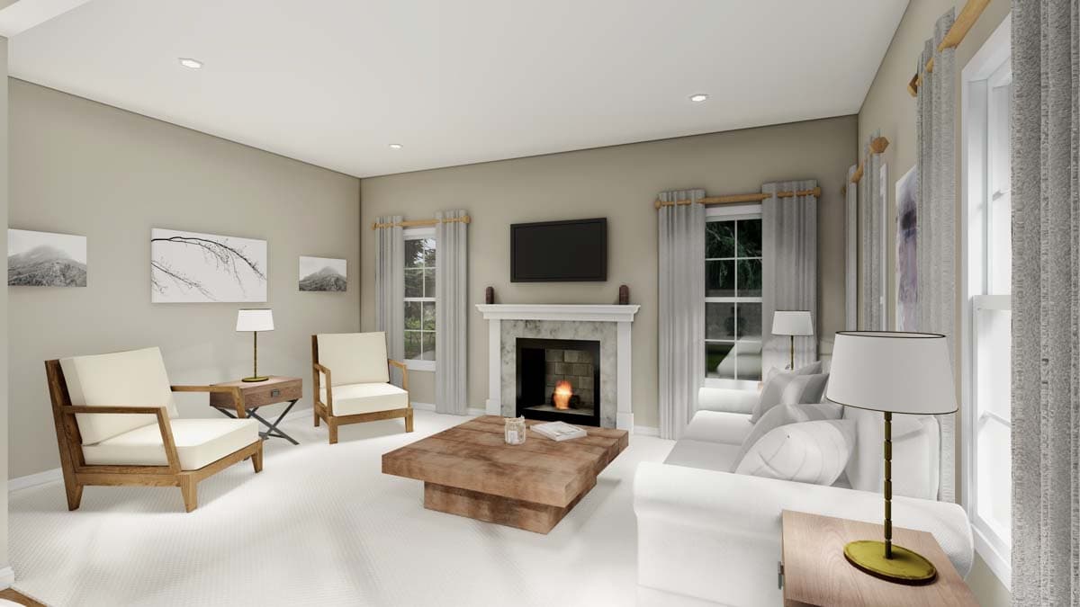 Living room rendering with fireplace, television, sofa, two chairs, and a large wooden coffee table.