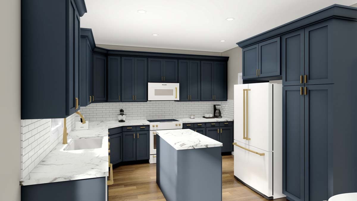 Kitchen rendering with dark blue cabinets, white subway tile backsplash, marble countertops, and a center island.