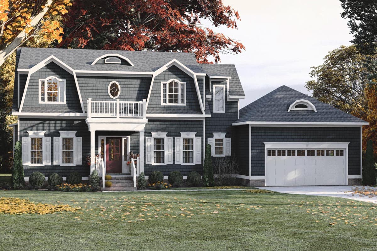 Two-story house plan exterior with Mansard roof, dormers, covered entry porch, and attached two-car garage.