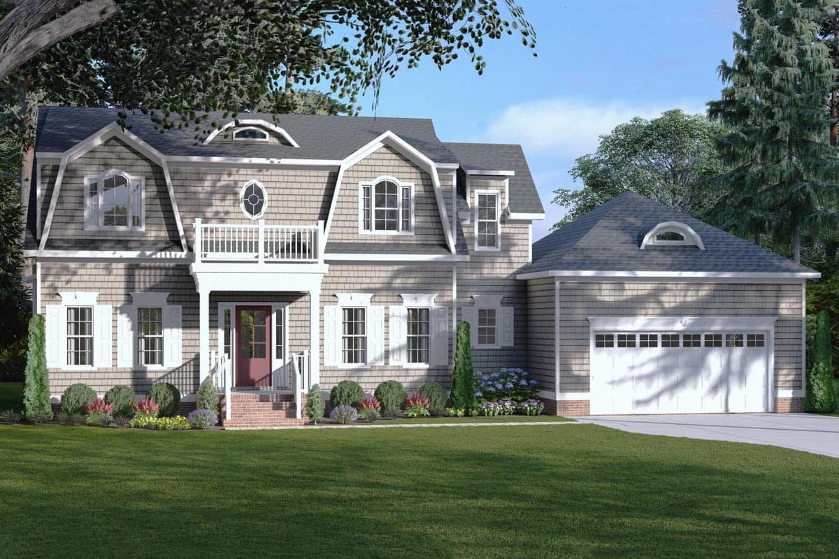 House plan exterior with gambrel roof, dormers, and a front porch with railing. Includes a two-car garage with a matching roofline.