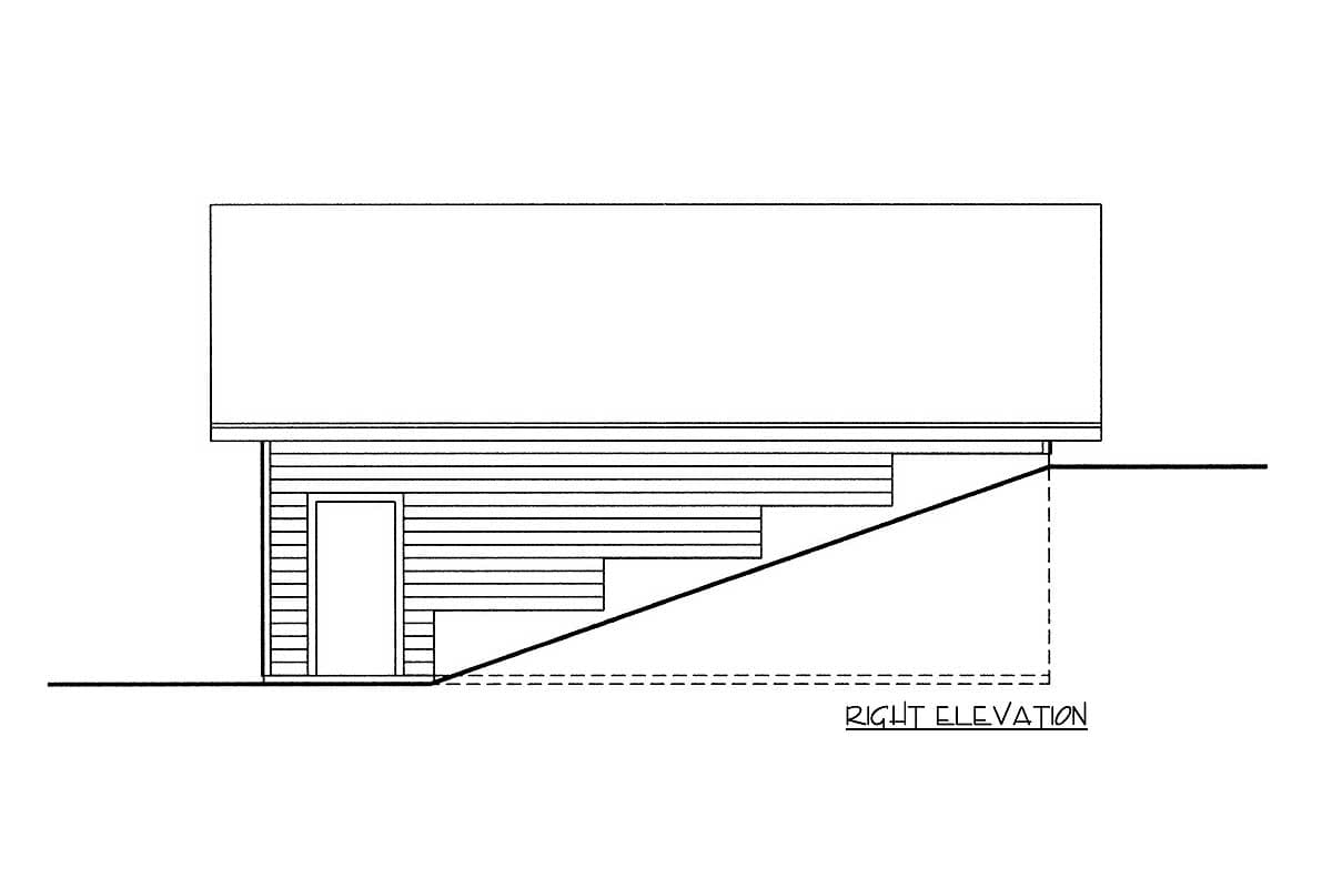Right elevation house plan showing a sloped foundation with horizontal siding and a single door.