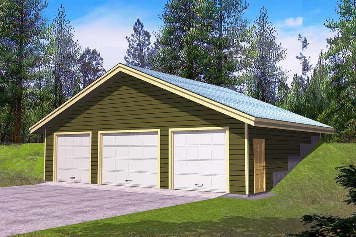 House plan exterior of a one-story garage with three bays, a gable roof, and a side entry door set into a sloped lot.