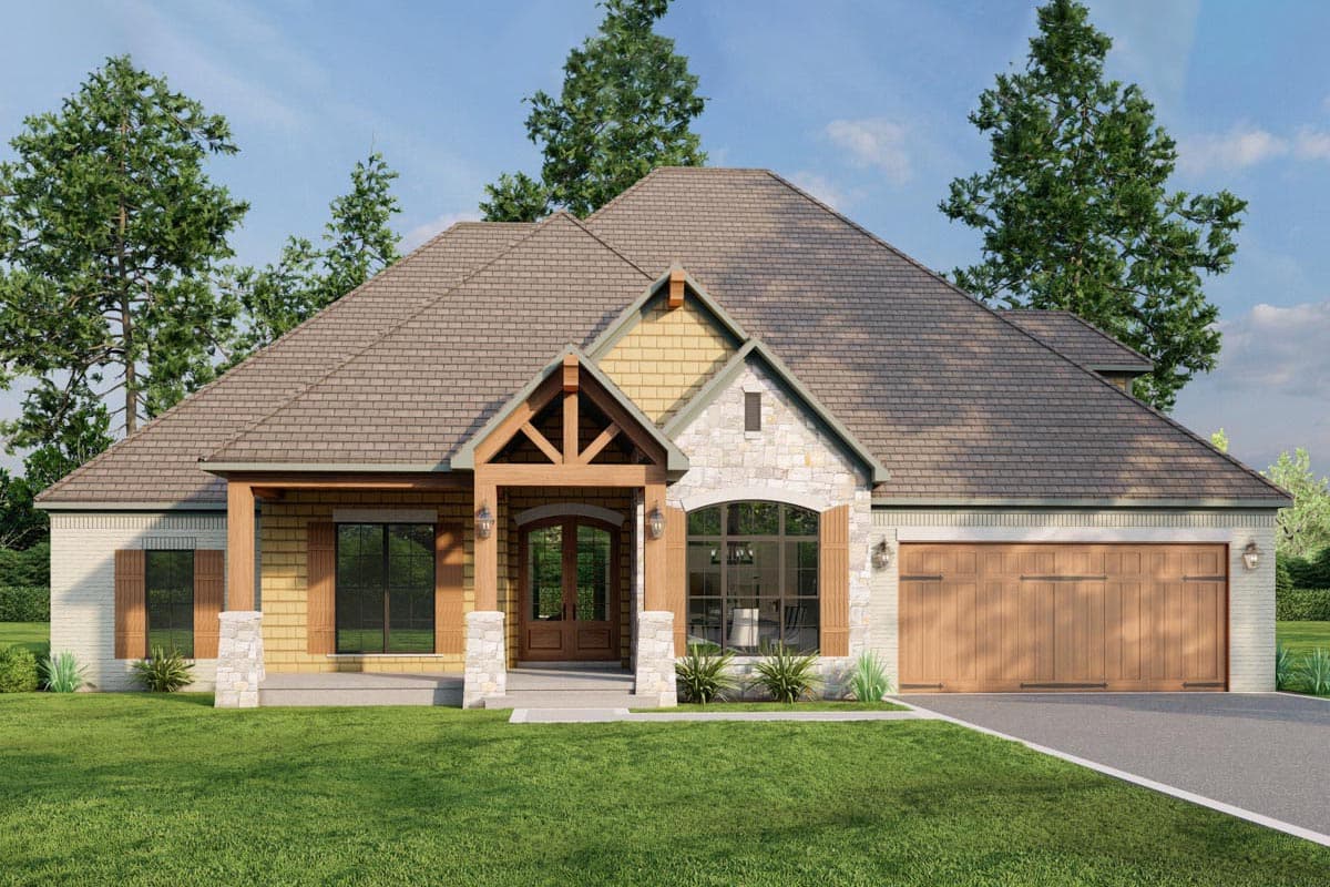 House plan exterior with Craftsman style, single story, and a timber-framed entry. Features include gabled roof and attached garage.