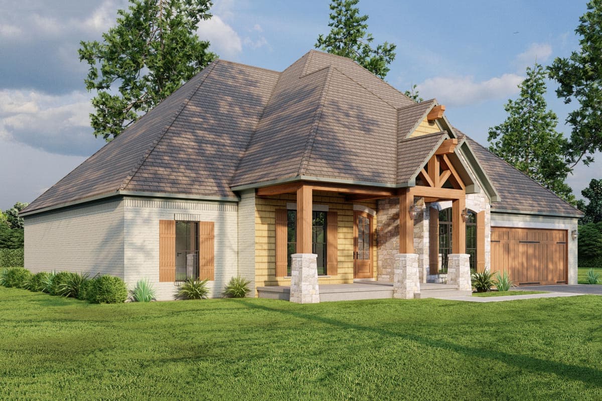 House plan exterior: Single-story home with exposed timber frame entry, stone accents, brick facade, and attached garage.