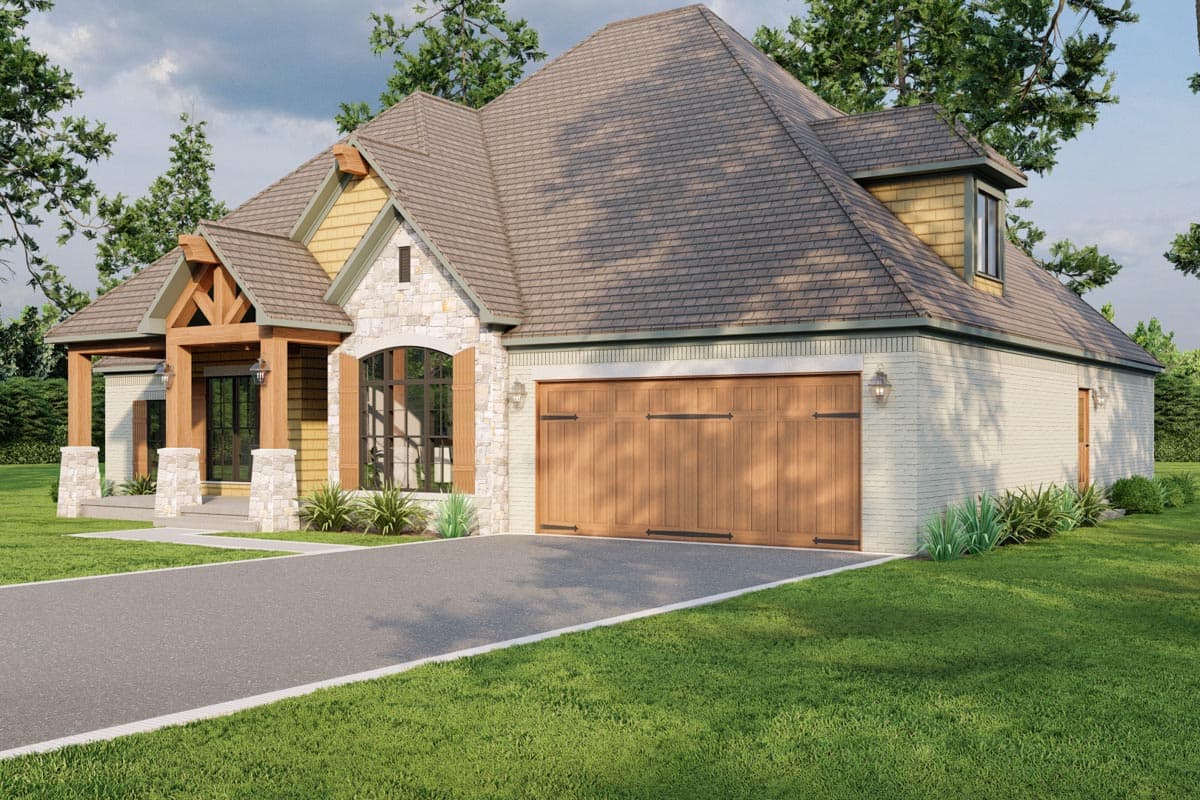 House plan exterior: One-story home with stone accents, timber frame entrance, gabled dormer, and a wooden garage door.